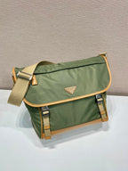 PRADA LARGE FLAP BAG 30 IN SEAWEED GREEN RE-NYLON AND BROWN CALFSKIN TRIM