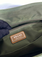 PRADA LARGE FLAP BAG 30 IN SEAWEED GREEN RE-NYLON AND BROWN CALFSKIN TRIM