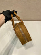 PRADA SMALL TOP HANDLE BAG 25 IN GOLDEN BROWN NYLON AND CALFSKIN TRIM