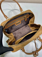 PRADA SMALL TOP HANDLE BAG 25 IN GOLDEN BROWN NYLON AND CALFSKIN TRIM