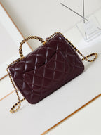 CHANEL FLAP BAG WITH TOP HANDLE 25 IN WINE RED OIL-WAX LAMBSKIN GOLD HARDWARE
