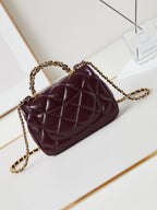 CHANEL FLAP BAG WITH TOP HANDLE 18 IN WINE RED OIL-WAX LAMBSKIN GOLD HARDWARE