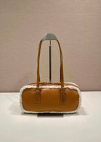 PRADA TOP HANDLE BAG 27 IN BRONZE BROWN SHEEPSKIN AND SHEARLING TRIM