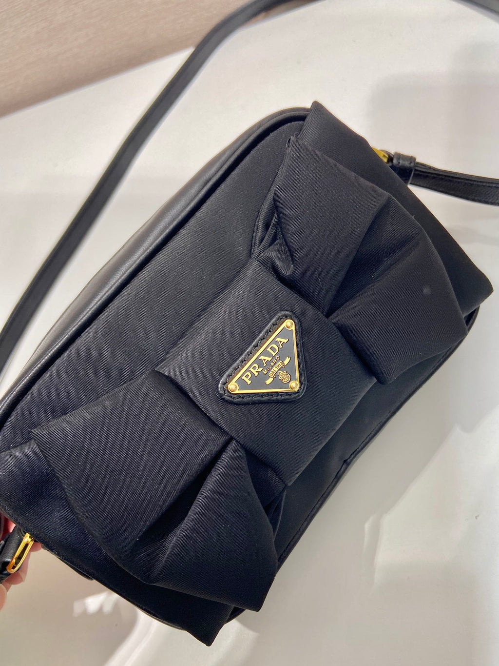 BOW BAG 18 IN BLACK RE-NYLON AND LAMBSKIN