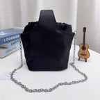 DRAWSTRING BUCKET BAG 20 IN BLACK RE-NYLON SILVER CHAIN
