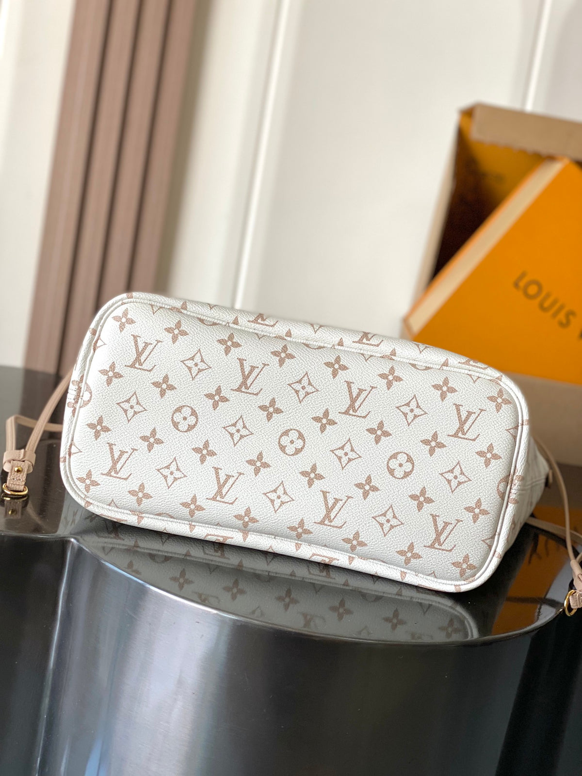 LV Neverfull Inside Out MM 12.2 in Beige Monogram with Brown Trim