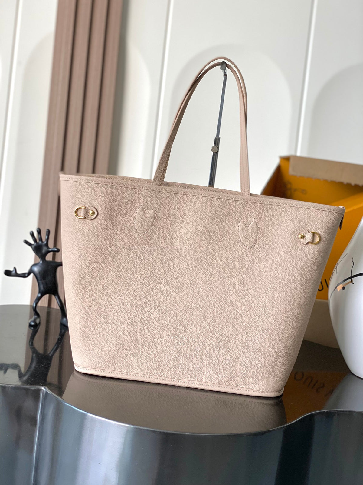 LV Neverfull Inside Out MM 12.2 in Beige Monogram with Brown Trim