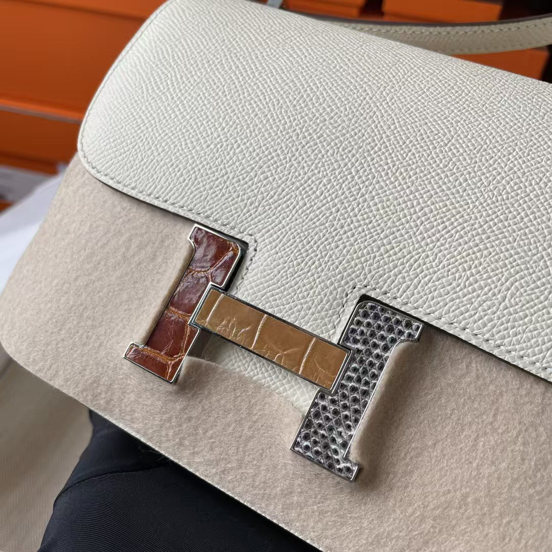 HM CONSTANCE BAGS 19 WHITE LAMBSKIN SILVER H BUCKLE MIX
