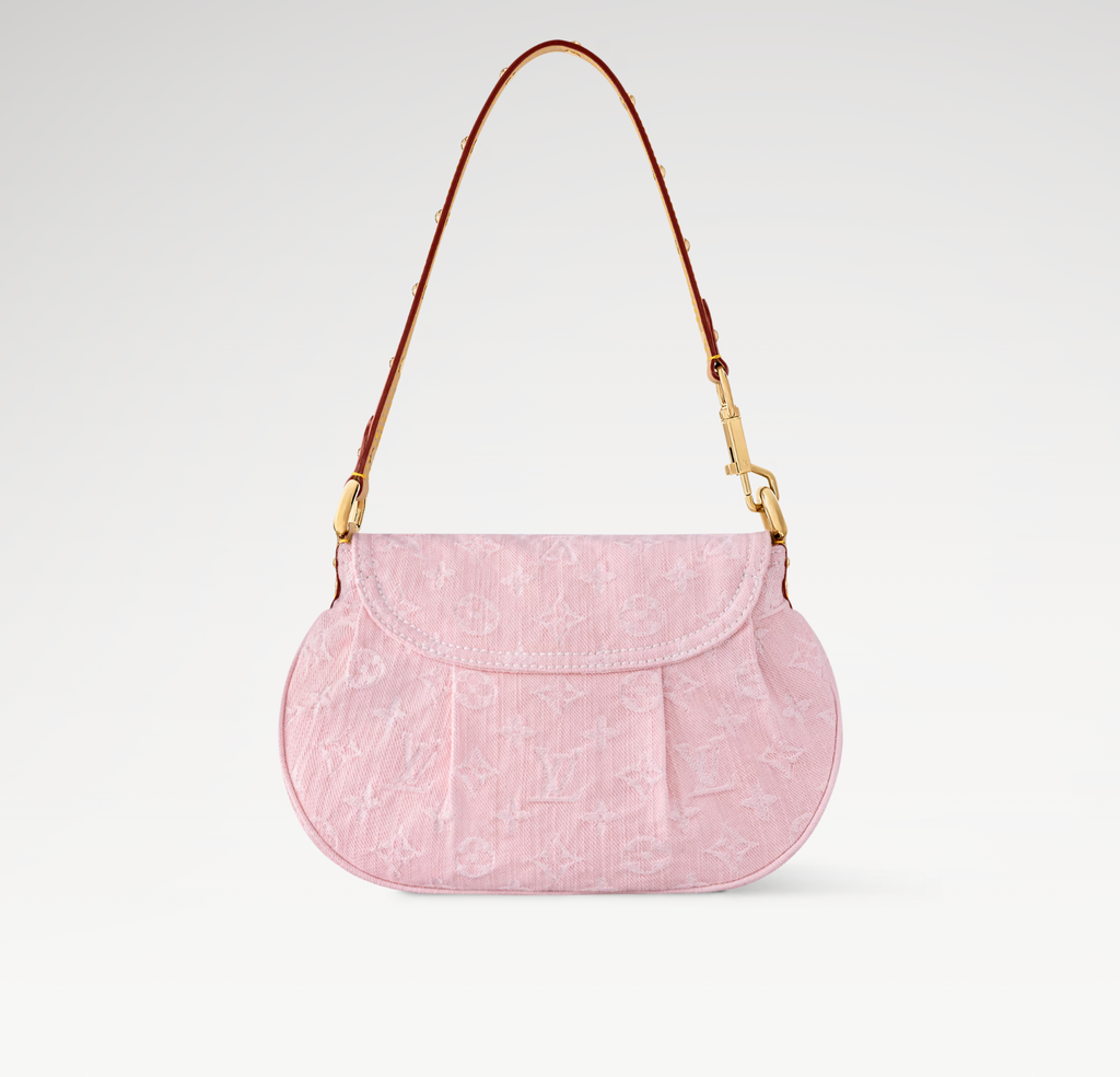 SUNSET 27 IN WASHED PINK MONOGRAM DENIM GOLD BUCKLE