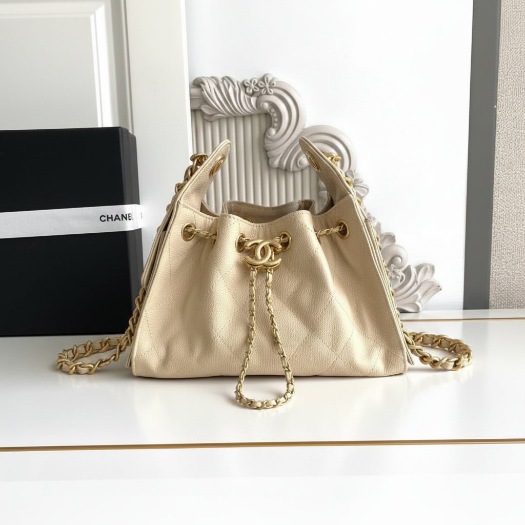 CHANEL 25 MINI HANDBAG 22CM IN BEIGE GRAINED CALFSKIN GOLD HARDWARE