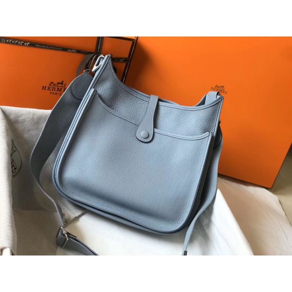 HERM Evelyne III 29 PM Bag In Blue Lin Clemence Leather