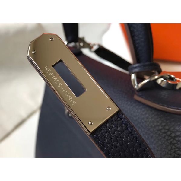 HERM Kelly 28cm Bag In Dark Blue Clemence Leather PHW