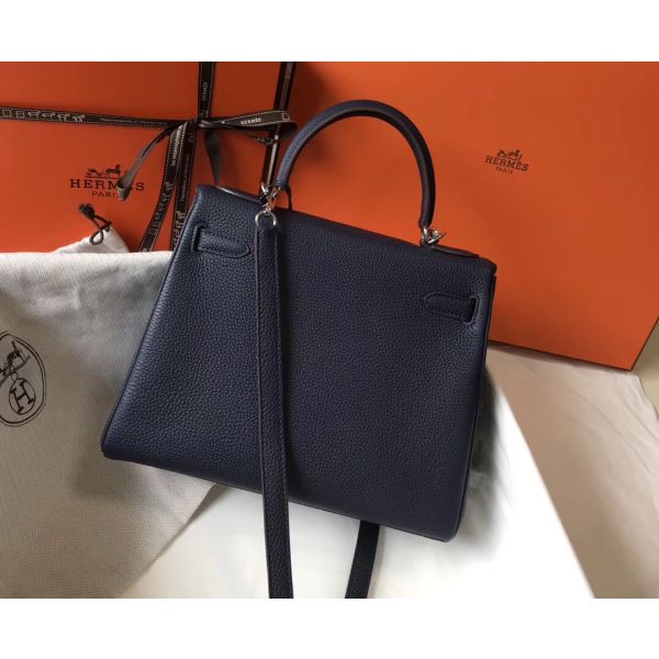 HERM Kelly 28cm Bag In Dark Blue Clemence Leather PHW