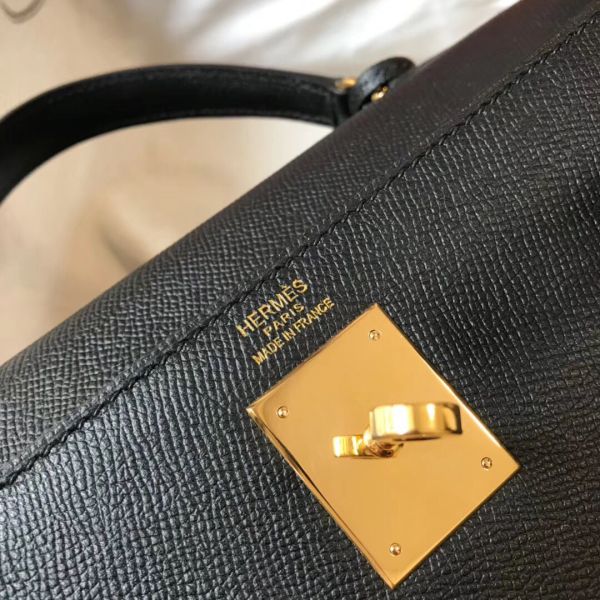 HERM Kelly 28cm Bag In Black Epsom Leather GHW