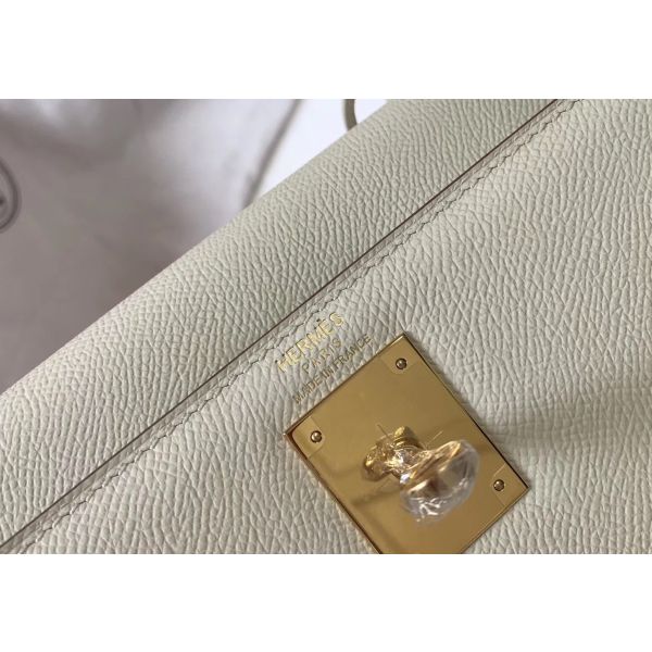 HERM Kelly 28cm Bag In White Epsom Leather GHW