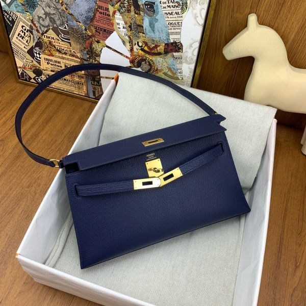 HERM Kelly Elan Handmade Bag In Blue Saphir Chevre Mysore Leather