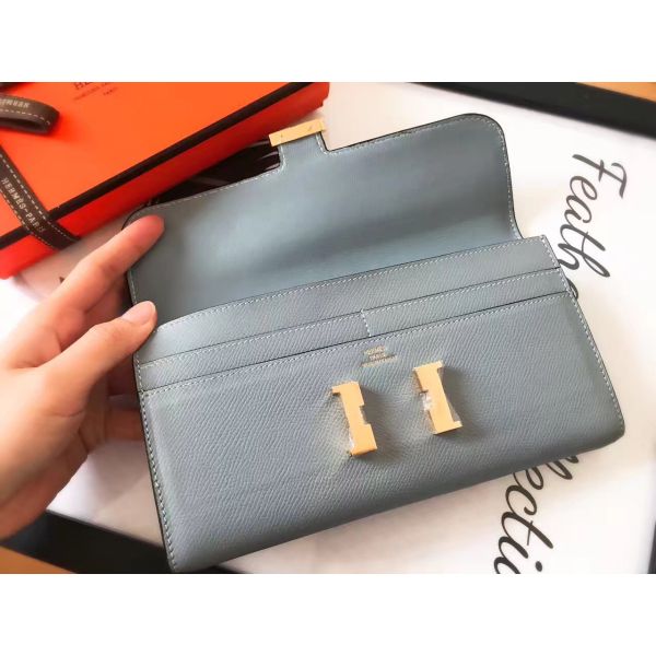 HERM Constance Long Wallet In Blue Lin Epsom Leather