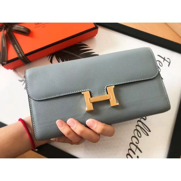 HERM Constance Long Wallet In Blue Lin Epsom Leather