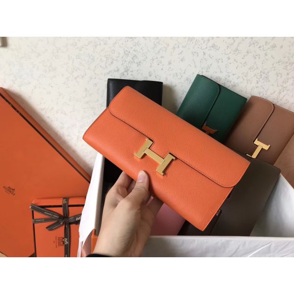 HERM Constance Long Wallet In Orange Epsom Leather