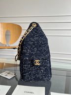 CHANEL 25S HOBO BAG 30 IN NAVY BLUE TWEED WITH GOLD HARDWARE