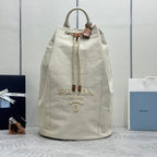 PRADA 25S DRAWSTRING BACKPACK 55 IN BEIGE CANVAS LINEN SILVER HARDWRE