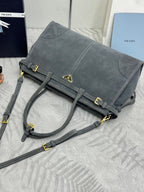 PRADA 25S BONNIE LARGE HANDBAG 38 IN RK GRAY SUEDE GOLD HARDWRE