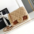 CHANEL MINI FLAP BAG 18 IN BEIGE WOOL AND GINGER ORANGE CALFSKIN GOLD HARDWARE
