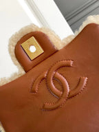CHANEL MINI FLAP BAG 18 IN BEIGE WOOL AND GINGER ORANGE CALFSKIN GOLD HARDWARE