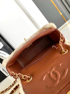 CHANEL MINI FLAP BAG 18 IN BEIGE WOOL AND GINGER ORANGE CALFSKIN GOLD HARDWARE