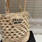 CROCHET BUCKET BAG 18 IN BEIGE WOVEN RAFFIA EMBROIDED LOGO
