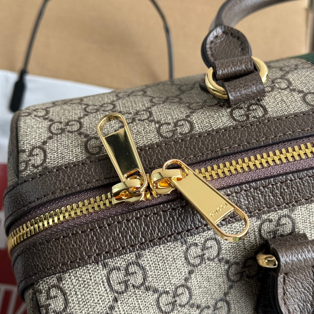 OPHIDIA LARGE BOSTON BAG 31 IN BEIGE EBONY GG BROWN CALFSKIN TRIM