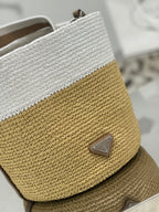 BUCKET BAG 25 IN WHITE MIX BEIGE RAFFIA AND BROWN CALFSKIN HANDLE