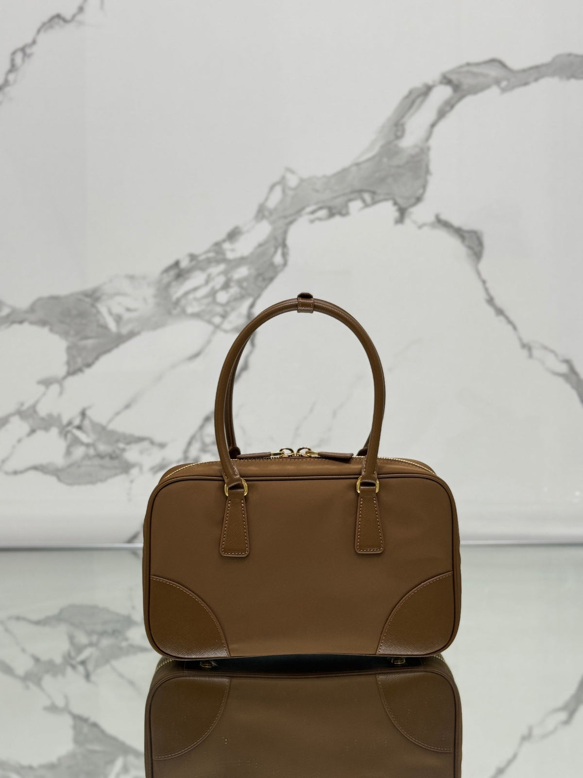 PRADA MEDIUM TOP HANDLE BAG 30 IN CHERRY WOOD NYLON AND CALFSKIN TRIM