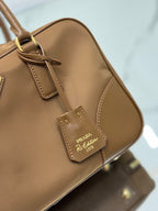 PRADA MEDIUM TOP HANDLE BAG 30 IN CHERRY WOOD NYLON AND CALFSKIN TRIM