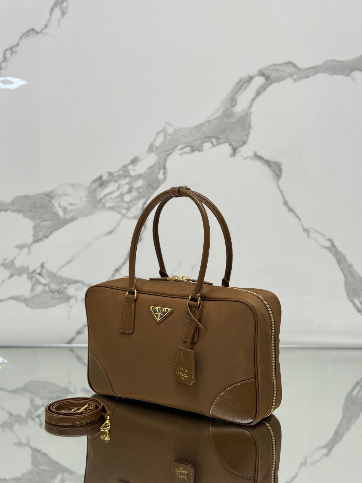 PRADA LARGE TOP HANDLE BAG 35 IN CHERRY WOOD NYLON AND CALFSKIN TRIM