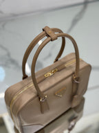 PRADA MEDIUM TOP HANDLE BAG 30 IN DRIED MOSS NYLON AND CALFSKIN TRIM