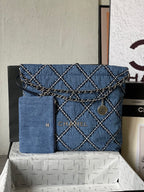 CHANEL LARGE 42 CROSSBODY BAG IN BLUE DENIM WITH CHAIN