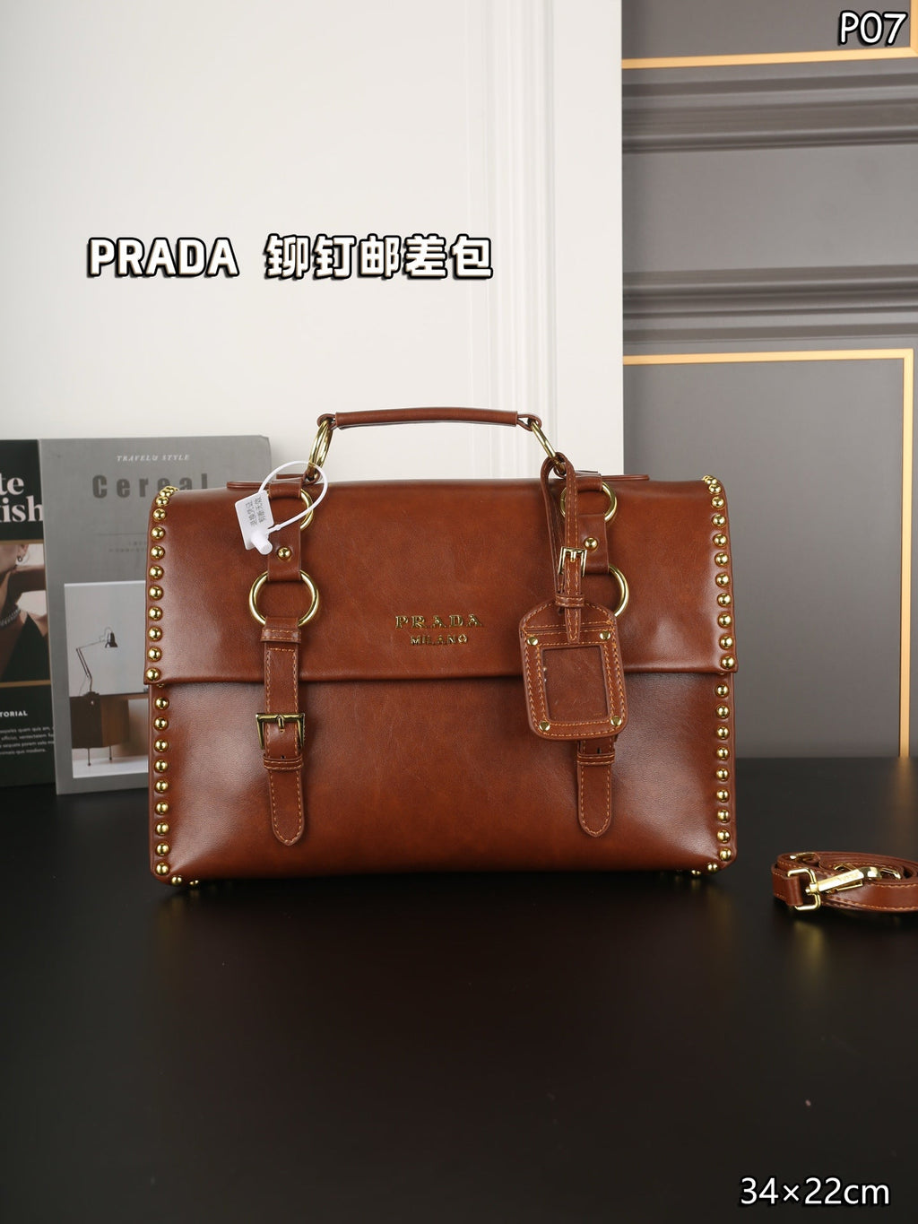 STUDDED BRIEFCASE 34 IN BROWN SHINY SMOOTH CALFSKIN