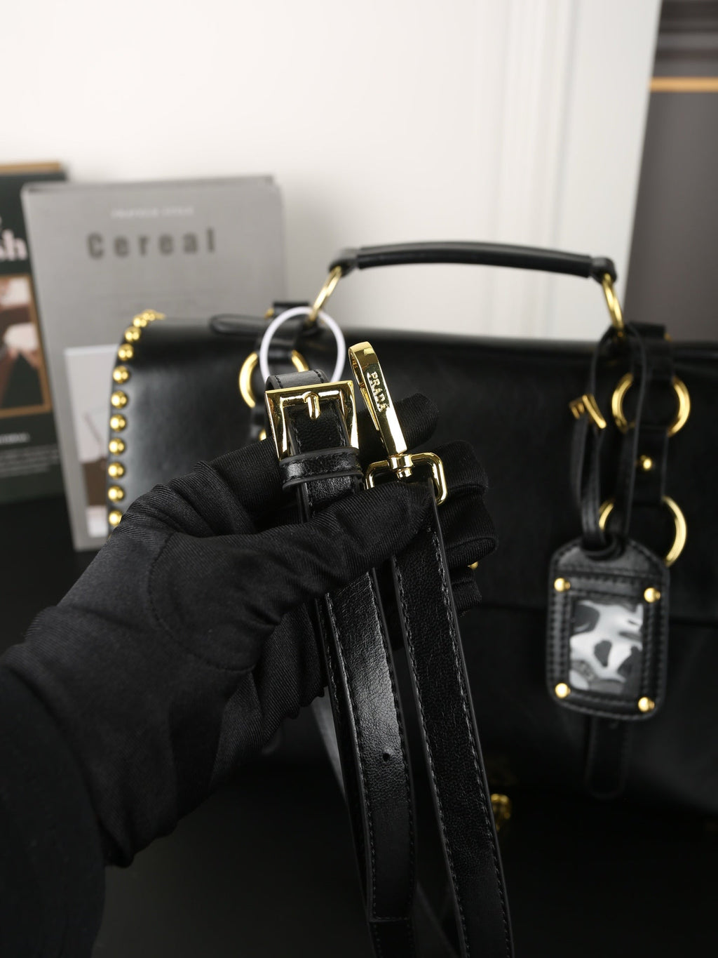 STUDDED BRIEFCASE 34 IN BLACK SHINY SMOOTH CALFSKIN