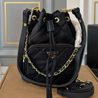 DRAWSTRING BUCKET BAG 23 IN BLACK QUILTED RE-NYLON