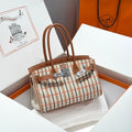 BIRKIN SHOULDER 29 IN GOLD CALFSKIN ÉCRU/BEIGE/FAUVE/ROSE POP/NOIR EMBROIDERY PLAID CANVAS