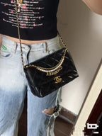 CHANEL MINI 22 FLAP BAG IN BLACK CALFSKIN GOLD HARDWARE WITH PEARL CHAIN