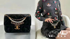 CHANEL MINI 22 FLAP BAG IN BLACK CALFSKIN GOLD HARDWARE WITH PEARL CHAIN