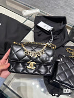 CHANEL MINI 22 FLAP BAG IN BLACK CALFSKIN GOLD HARDWARE WITH PEARL CHAIN