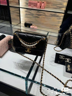 CHANEL MINI 22 FLAP BAG IN BLACK CALFSKIN GOLD HARDWARE WITH PEARL CHAIN