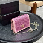 STUDDED CRYSTAL WALLET ON CHAIN 13 IN PINK CALFSKIN