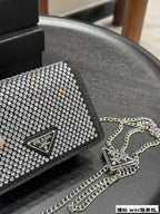 STUDDED CRYSTAL WALLET ON CHAIN 13 IN BLACK CALFSKIN