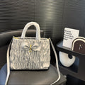 BOW DETAIL RUCHED TOP HANDLE BAG 29 IN LIGHT GREY SAFFIANO LEATHER