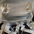 CC 20 FLAP BAG IN SILVER METALLIC CALFSKIN WITH STRAP
