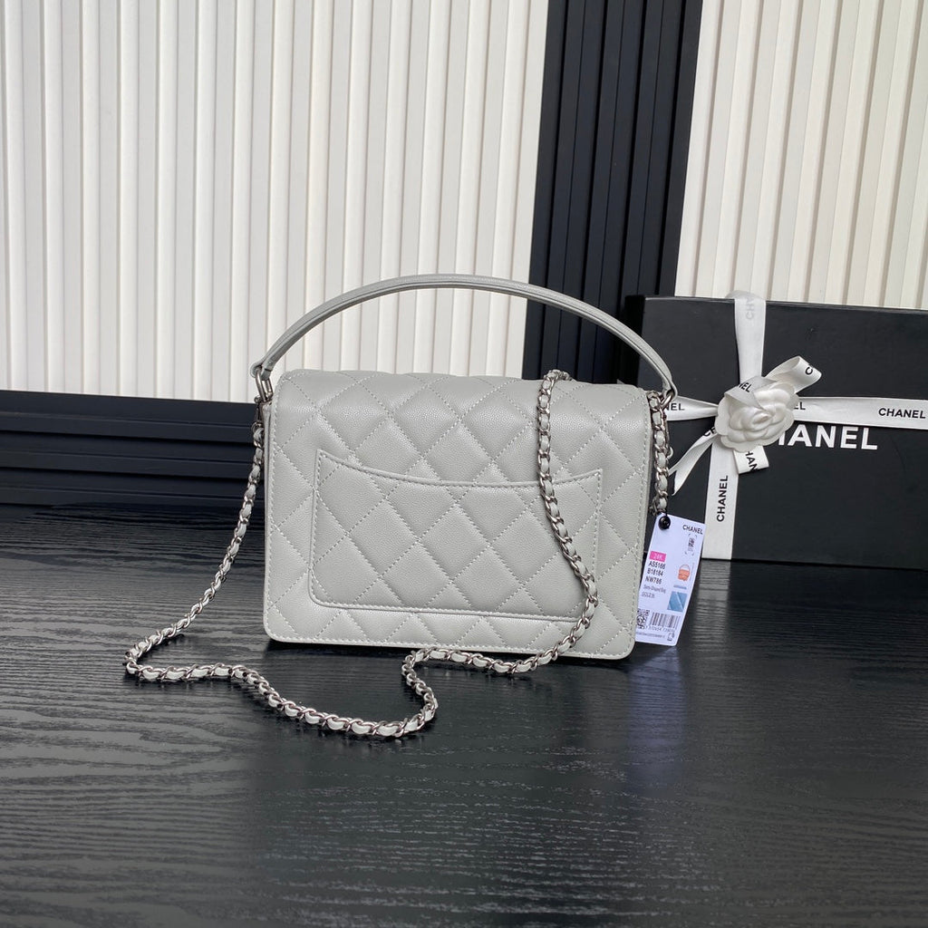 RETRO STYLE FLAP BAG 22 IN RHINO GRAY GRAINED CALFSKIN GOLD HARDWARE